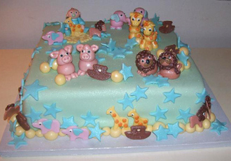 Square Custom Fondant Cake with Animals - Great for a Baby Shower, New Baby or Young Child's Birthday Party