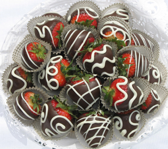 Strawberries Dipped in Chocolate with White Chocolate Drizzle by Elegant Eating, Long Island Caterers