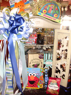 Inside View of New Baby Boy Gift Chest - Gift Basket by Elegant Eating Gourmet Gift Baskets.